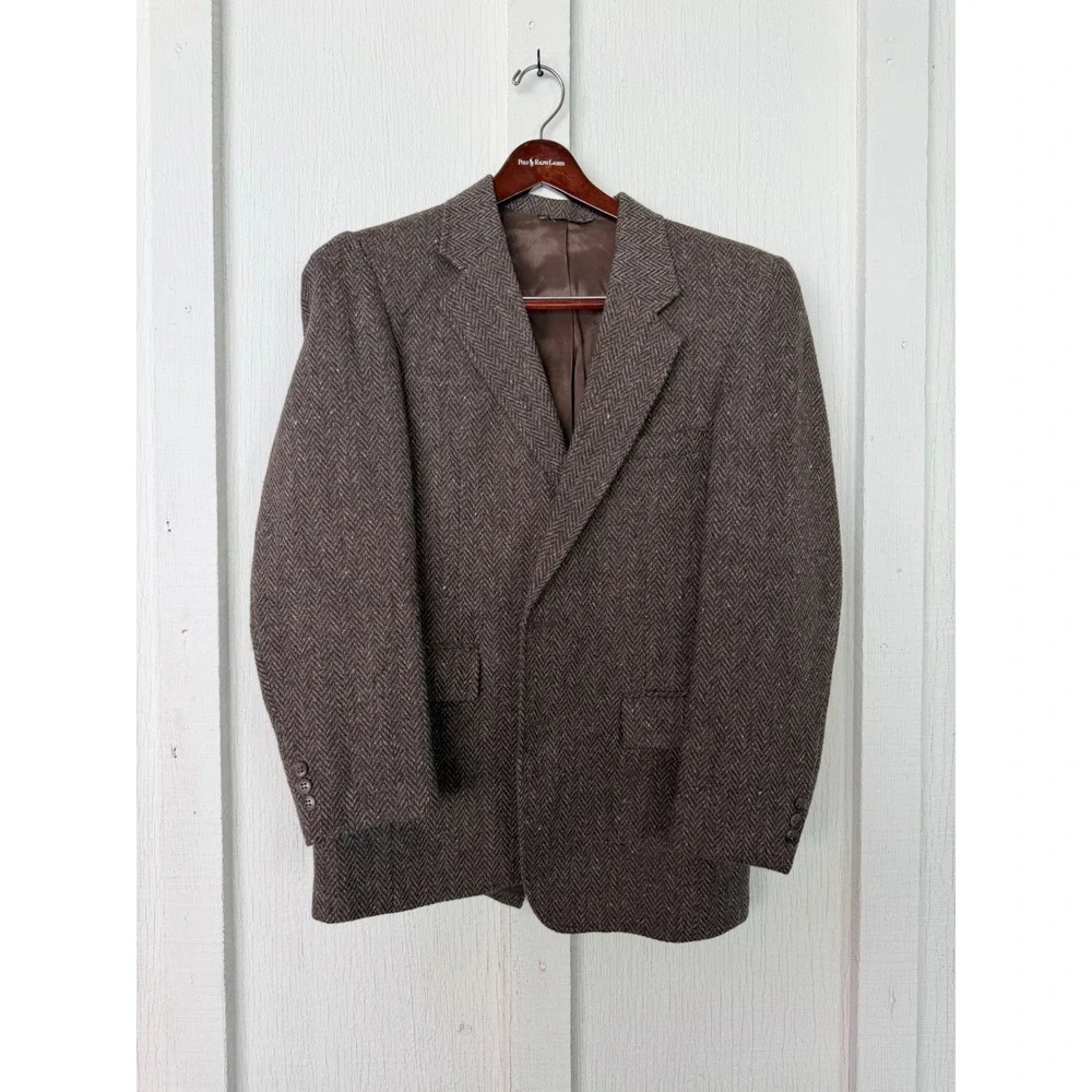 Vintage Levis Menswear Brown Herringbone Tweed Wool Blazer Made in USA Mens 42